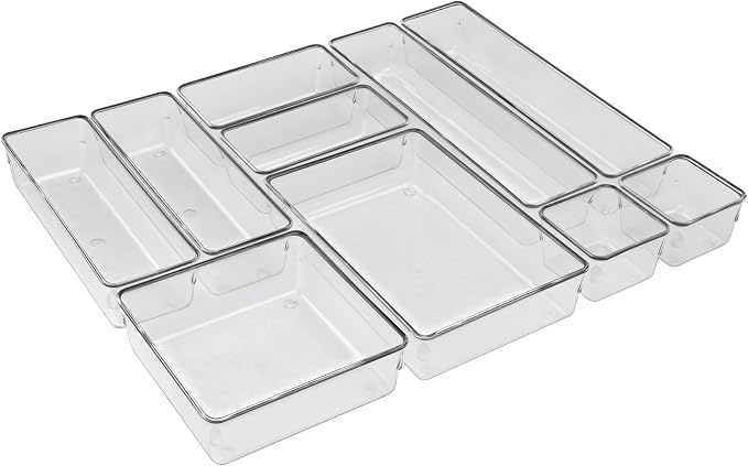 Acrimet Organizador Modular de Gavetas Transparente, Kit com 10 Potes | Tamanhos Sortidos para organizar gavetas, bancadas e armários